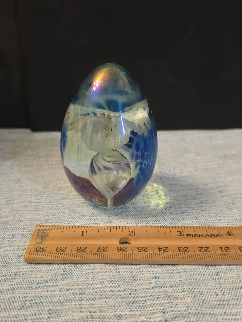 Vines Signed 1989 Handblown Blue Glass Egg Paperweight with Iridescent Detail